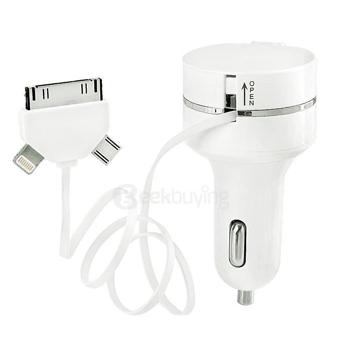 Mini 3-in-1 Pull-out Extensible Charging Cable & Car Charger for iPhone 4/ iPhone 5/ iPhone 6 and More - White