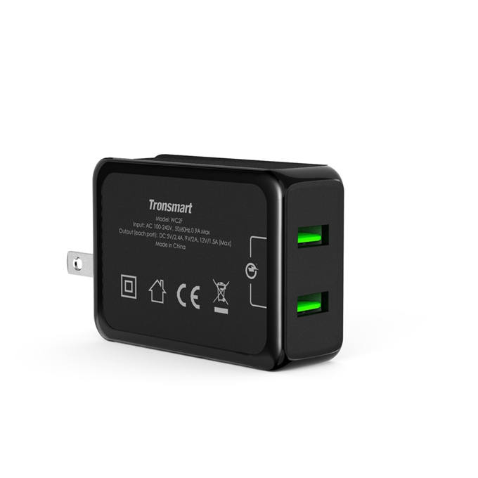 Tronsmart 36W Quick Charge 2.0 2 Ports Rapid Wall Charger VoltIQ Smart USB Stand-up Fast Wall Charger with1M/1.8M DC Cable - US Plug