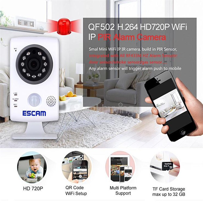 ESCAM QF502 P2P HD Smart Wifi IP Camera with 2.8mm Fixed Lens IR Surveillance Camera with Dual IR-CUT Filter - UK Plug