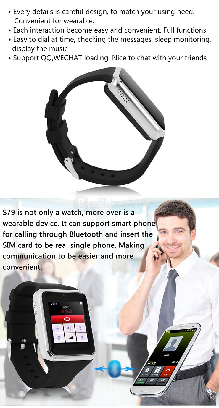 ZGPAX S79 Smart Watch Phone 1.54 Inch Touch Screen MTK6260 Bluetooth3.0 1.3MP Cam FM 2G Micro USB Handfree - Black