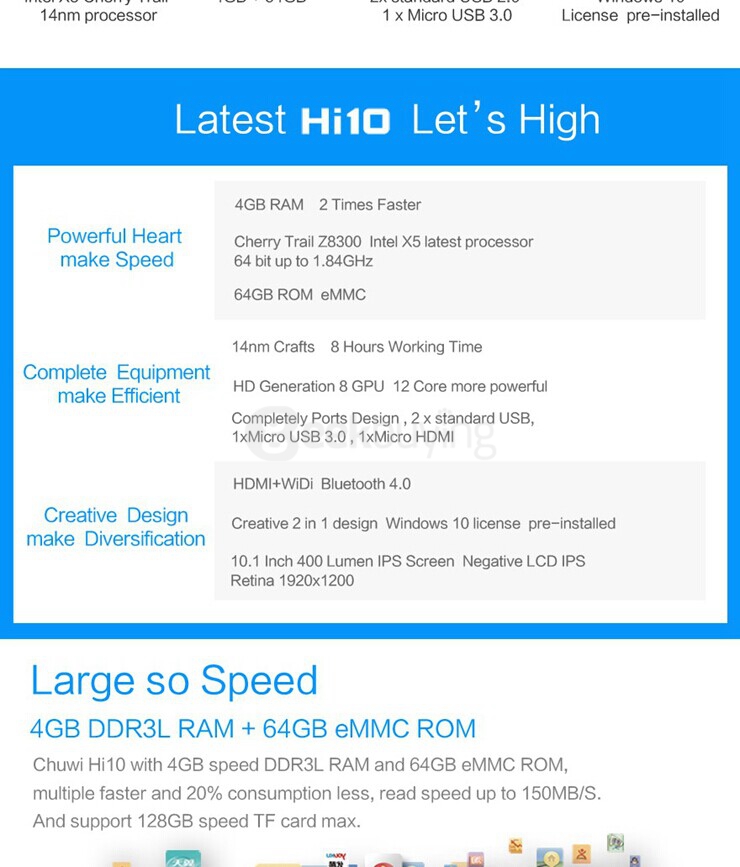 CHUWI Hi10 2 in 1 Ultrabook Tablet PC 10 inch Windows10 4GB/64GB Intel Cherry Trail Z8300 Quad Core 1.84GHz IPS 1920*1200 HDMI - Black