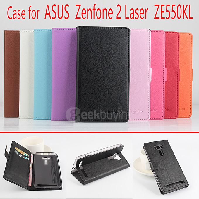 LingMao Protective Hard Cover Flip Stand Leather Case with Card Slots for ASUS Zenfone 2 Laser ZE550KL - Blue