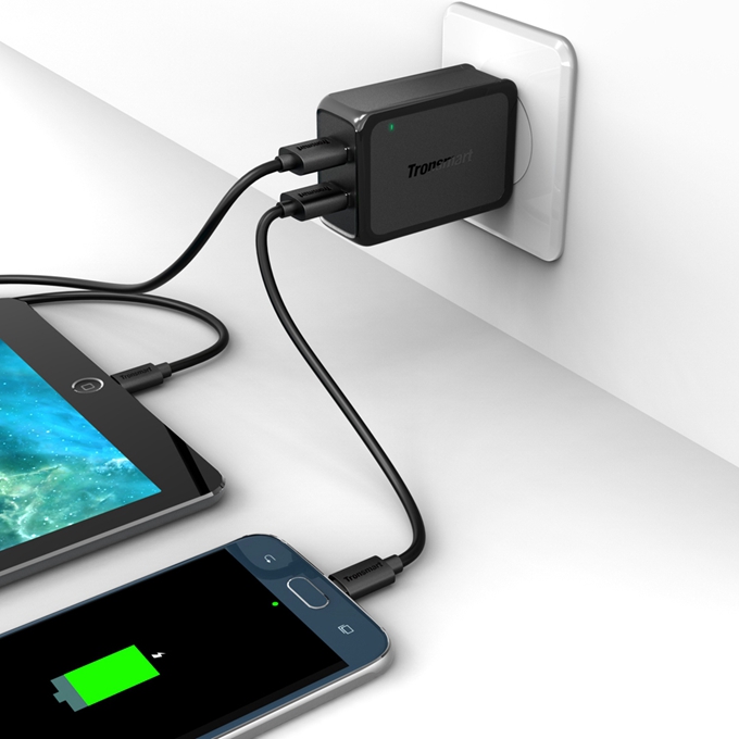 Tronsmart 36W Quick Charge 2.0 2 Ports Rapid Wall Charger VoltIQ Smart USB Stand-up Fast Wall Charger with1M/1.8M DC Cable - US Plug