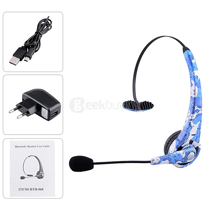 BTH-068 EU Plug Wireless USB Bluetooth Headphones Music Gaming Headset with Microphone for PS3 - Black + Blue