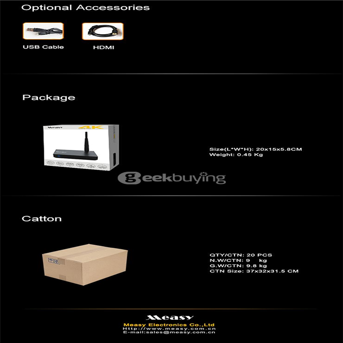 Measy B4TS Amlogic S905 TV BOX Android 5.1.1 Quad Core 1G/8G WIFI Gigabit LAN Bluetooth4.0 HDMI2.0 4K KODI 3G