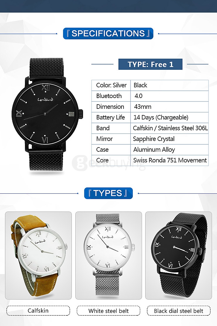 Lembird Free O2 Bluetooth 4.0 Smart Watch with Sapphire Crystal Dial/ 12 LED Lights/ Imported 751 Movt/ Fitness Sports Tracker/ Diet Management - Silver