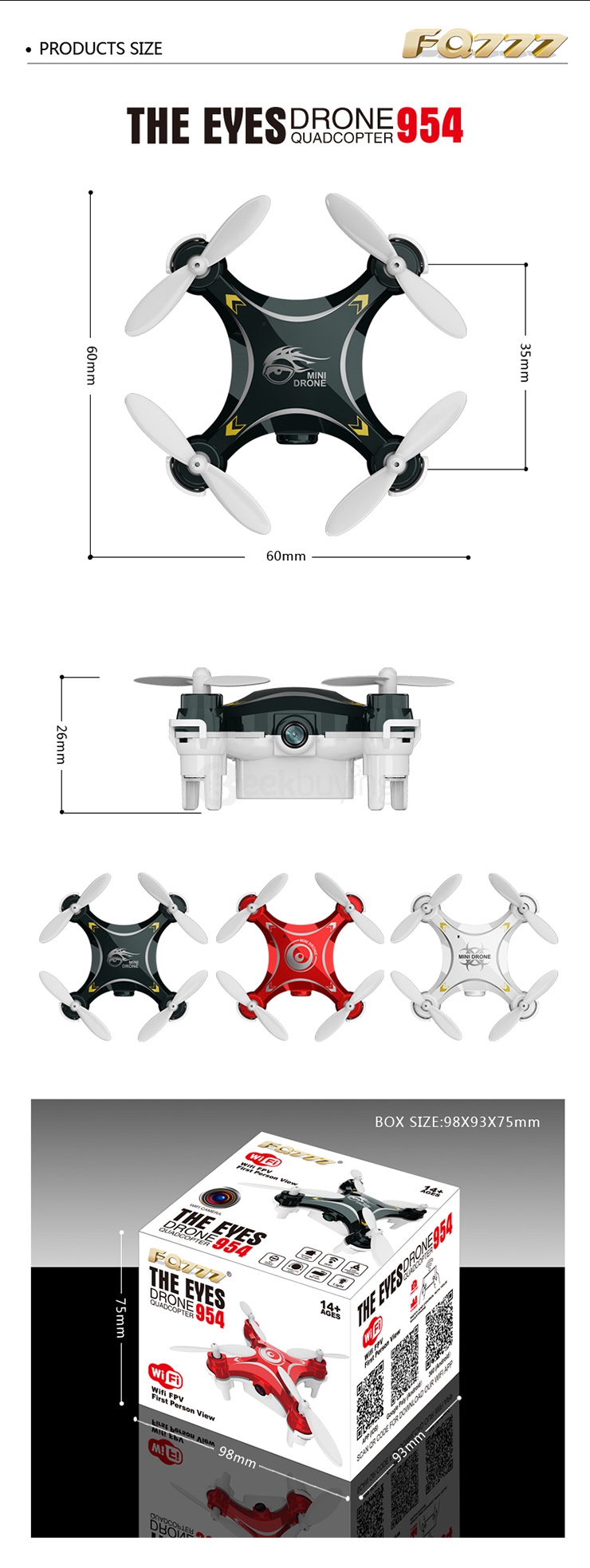 FQ777- 954 WIFI FPV 0.3MP Camera 4CH 6Axis APP Control MINI Quadcopter RTF- Red