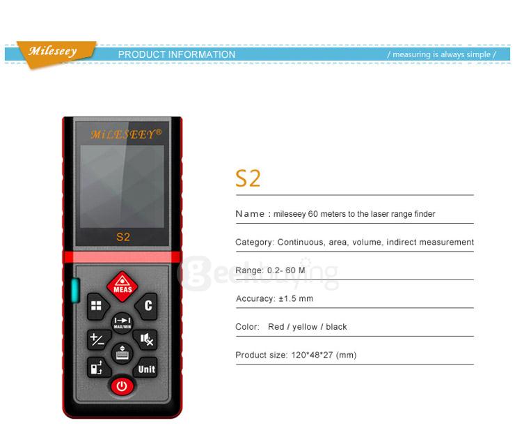 Mileseey S2 60m Handheld Rangefinder Laser Distance Meter Digital Laser Range Finder