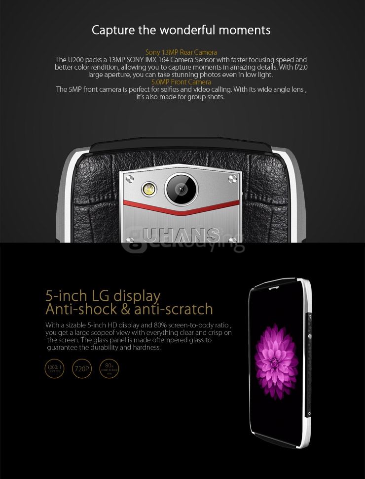 UHANS U200 5.0inch 4G FDD-LTE Android 5.1 2GB 16GB Smartphone 64bit MTK6735 Quad Core 13.0MP Miracast OTG Smart Wake - Black