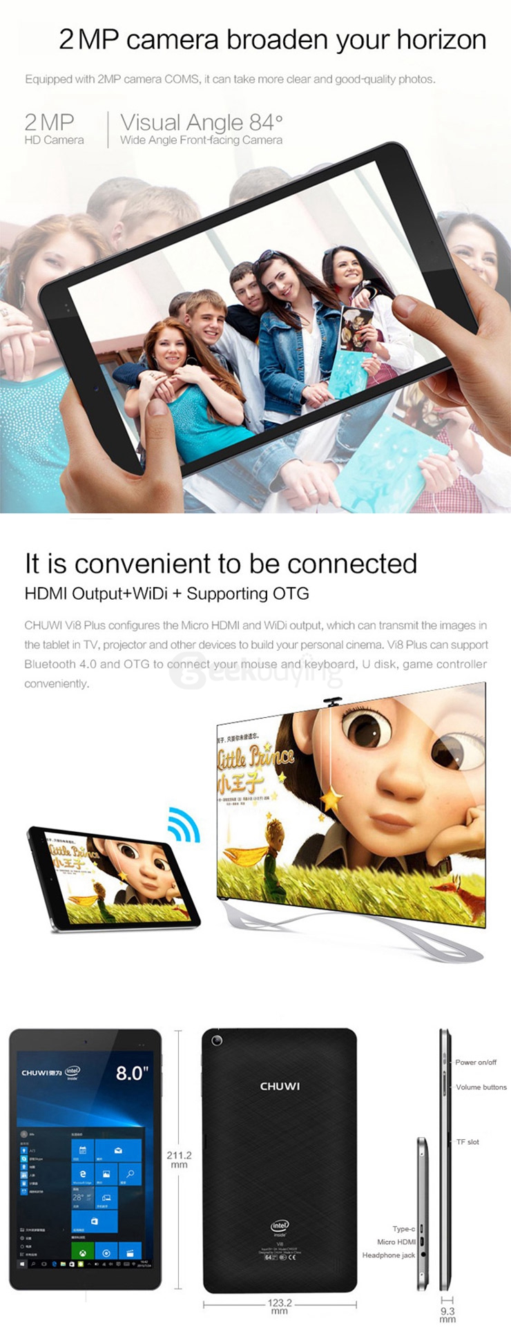 CHUWI Vi8 Plus Windows10 2GB/32GB 8 Inch Tablet PC Intel Cherry Trail Z8300 Quad Core 1.84GHz IPS 1280*800 HDMI Type-C - Black