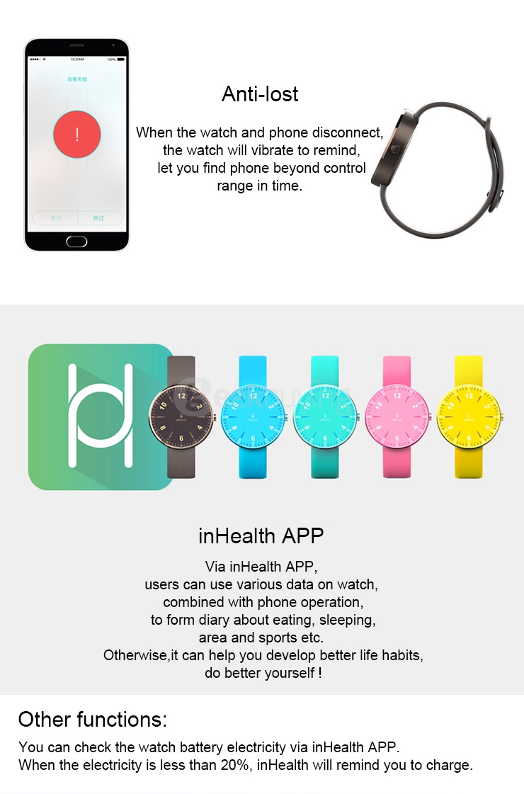 inWatch Color Bluetooth 4.0 Smart Watch Sleep Monitor Pedometer Fitness Tracker Call SMS Reminder Anti-lost For Android iOS - Pink