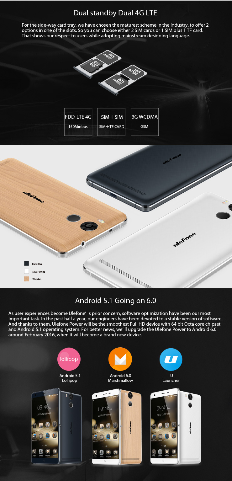 Ulefone Power 5.5inch FHD 4G LTE Android 5.1 3GB 16GB Smartphone 64bit MTK6753 Octa Core 13.0MP 6050mAh Touch ID with Silica Gel Case - White