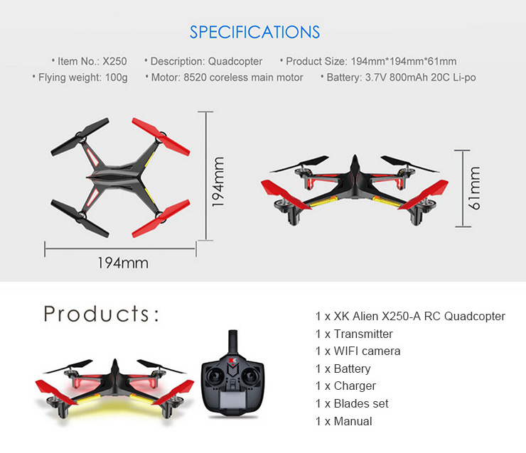 XK Alien X250 WIFI FPV 2.4G 4CH 6 Axis Gryo One Key To Roll Failsafe Futaba S-FHSS Compatible RC Quadcopter RTF
