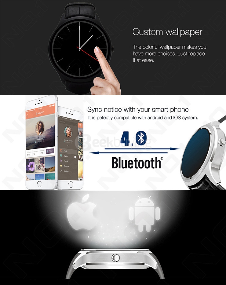 NO.1 D5 Android 4.4 Smart Watch MTK6572 Bluetooth WiFi Connection Heart Rate Monitor Pedometer Google Play GPS For Android iOS - Black