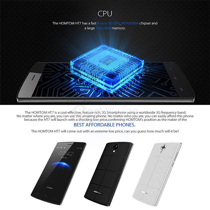 HOMTOM HT7 5.5inch HD Screen MT6580A Quad Core Smartphone Android 5.1 1GB RAM 8GB ROM 3000mAh Smart Wake - Black