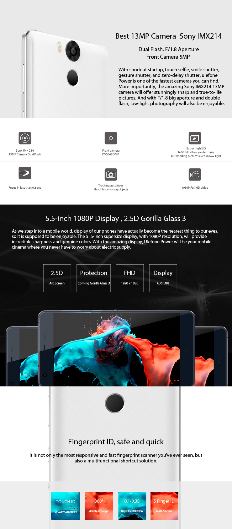 Ulefone Power 5.5inch FHD 4G LTE Android 5.1 3GB 16GB Smartphone 64bit MTK6753 Octa Core 13.0MP 6050mAh Touch ID with Silica Gel Case - White