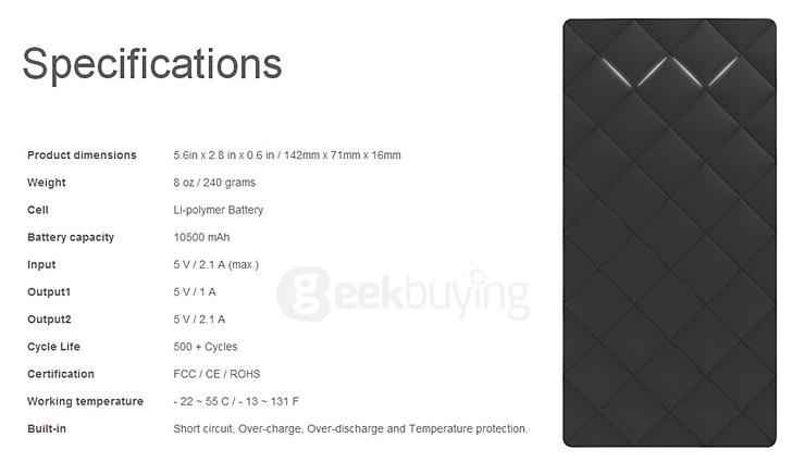 Kinkoo® Infinite Nova 10500mAh Multi-Output Power Bank External Battery for iPhone/iPad/Samsung/Mobile Devices - Black