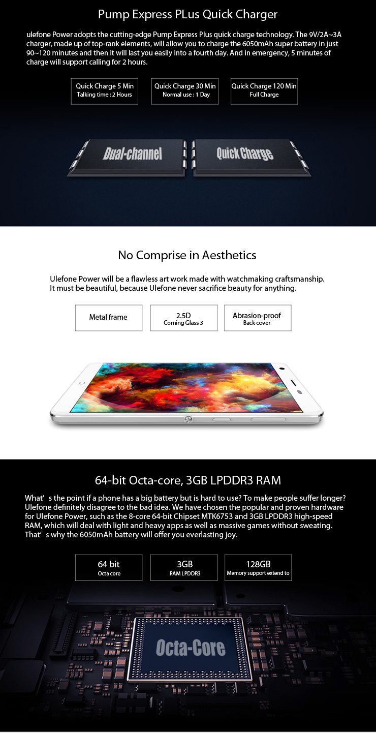 Ulefone Power 5.5inch FHD 4G LTE Android 5.1 3GB 16GB Smartphone 64bit MTK6753 Octa Core 13.0MP 6050mAh Touch ID with Silica Gel Case - White