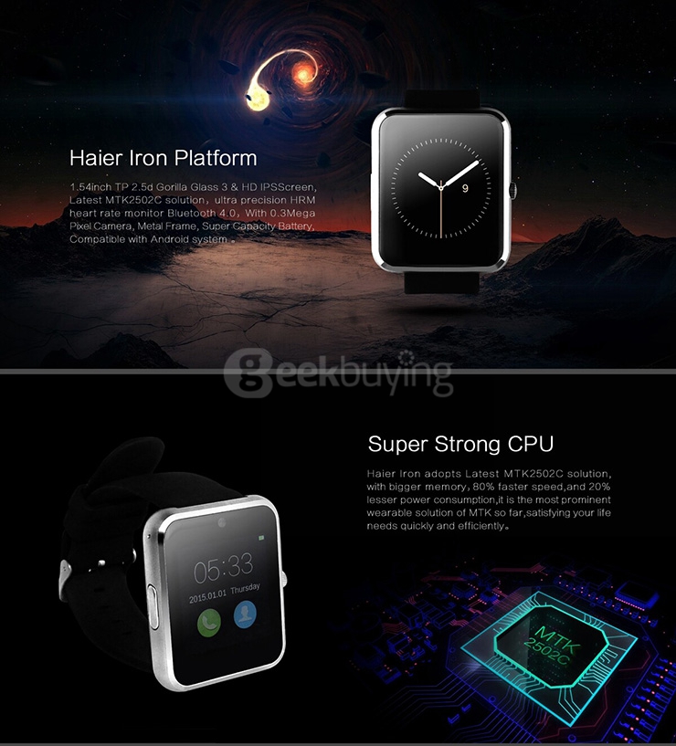 Haier Iron Bluetooth 4.0 Smartwatch MTK2502C IP67 Heart Rate Monitor Smart Watch Fitness Tracker Camera Sync SMS for Android iOS - Black