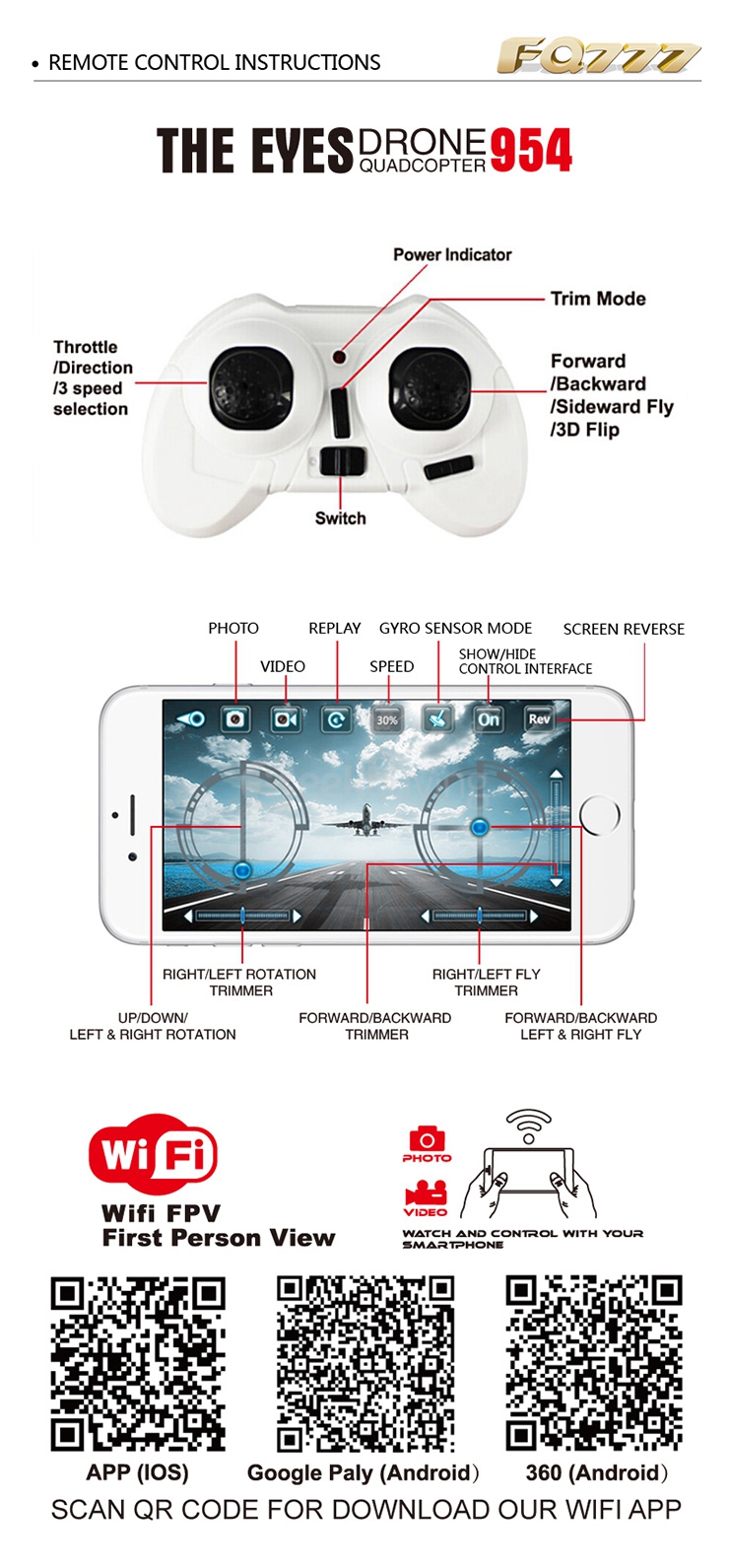 FQ777- 954 WIFI FPV 0.3MP Camera 4CH 6Axis APP Control MINI Quadcopter RTF- White