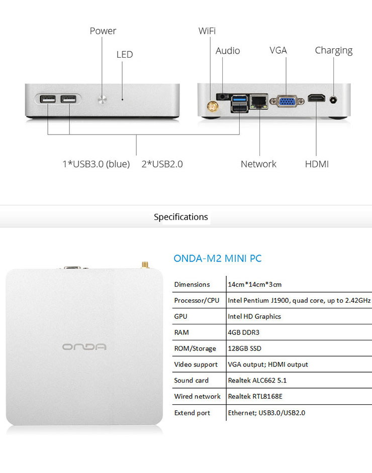 Onda M2 Mini PC Intel Pentium J1900 Quad Core 4GB DDR3 128GB SSD Hard Drive Supports Windows 10 Windows 8.1
