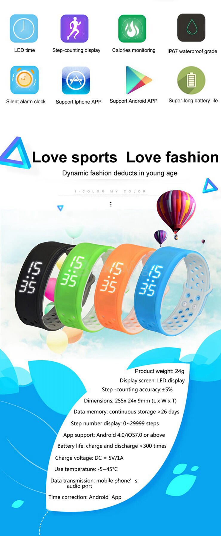 W9 Smart Bracelet Bluetooth 4.0 Wristband IP67 Waterproof Fitness Activity Tracker Pedometer Alarm Clock - Blue