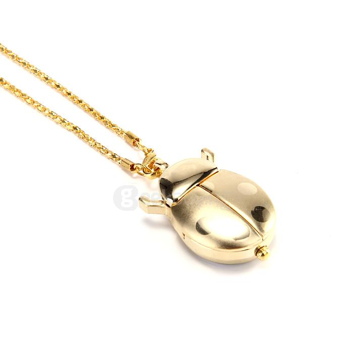 Fashion Qute Beetle Watch Key Chain Necklace Pocket Pendant Quartz Watch for Children Girls - Golden