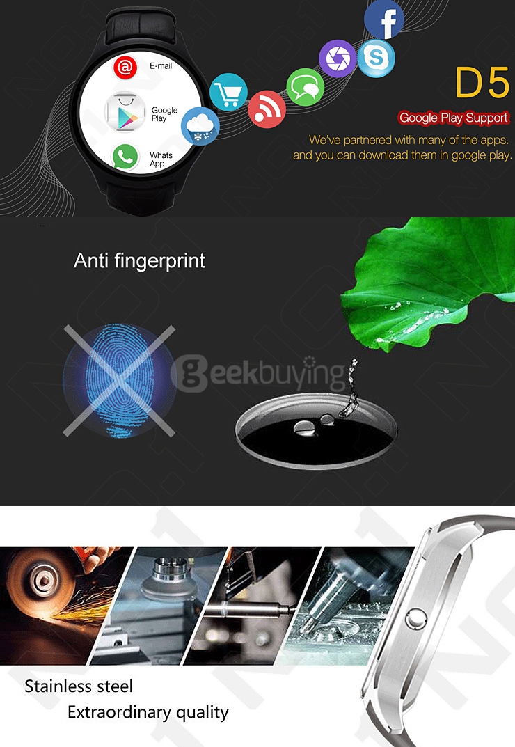 NO.1 D5 Android 4.4 Smart Watch MTK6572 Bluetooth WiFi Connection Heart Rate Monitor Pedometer Google Play GPS For Android iOS - Silver