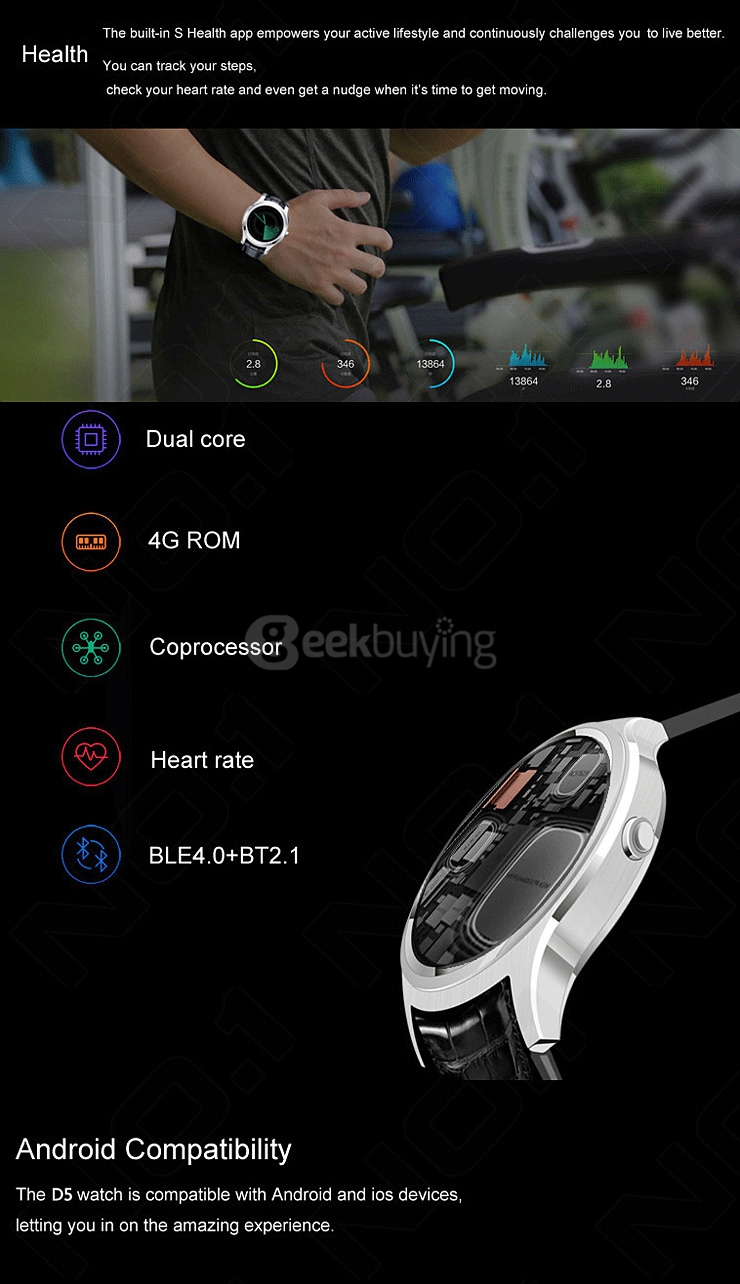 NO.1 D5 Android 4.4 Smart Watch MTK6572 Bluetooth WiFi Connection Heart Rate Monitor Pedometer Google Play GPS For Android iOS - Black