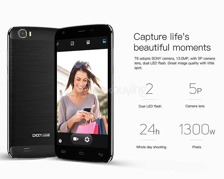 DOOGEE T6 5.5inch IPS HD 4G LTE 6250mAh Android 5.1 Smartphone 64-Bit MT6735 Quad Core 2GB 16GB 13.0MP - Black