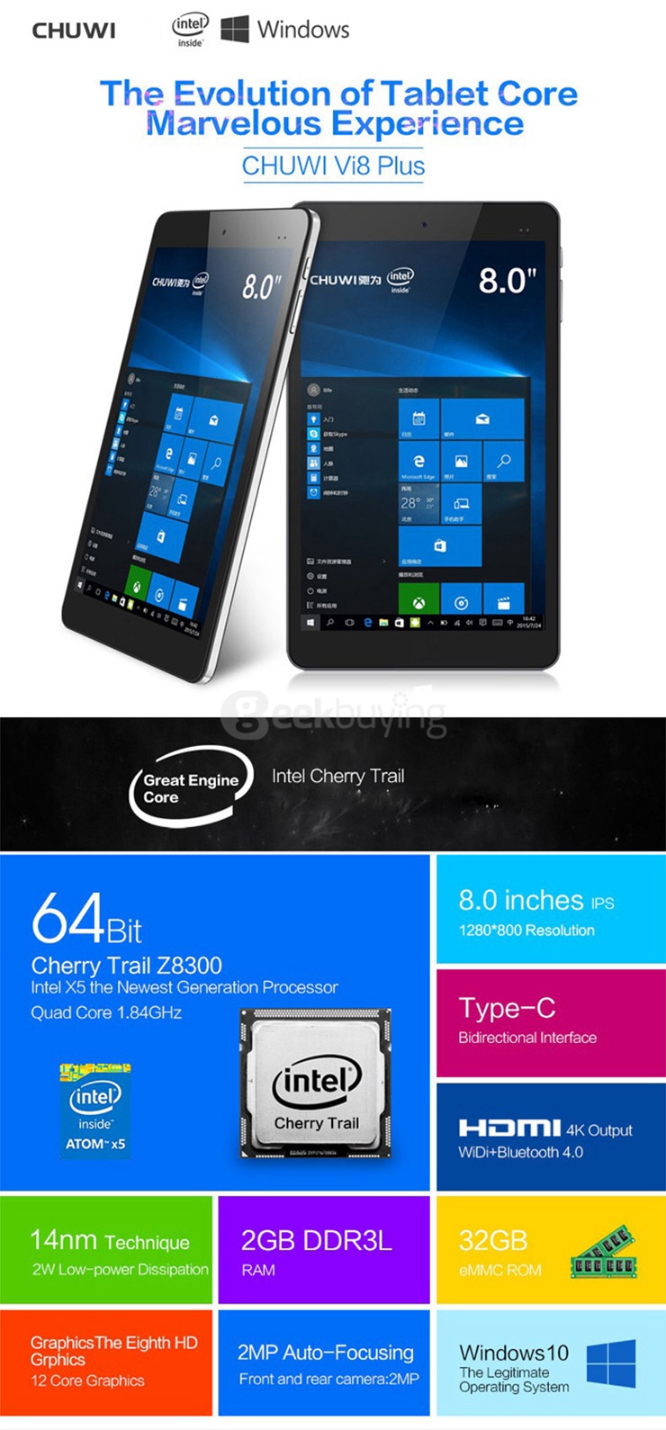CHUWI Vi8 Plus Windows10 2GB/32GB 8 Inch Tablet PC Intel Cherry Trail Z8300 Quad Core 1.84GHz IPS 1280*800 HDMI Type-C - Black