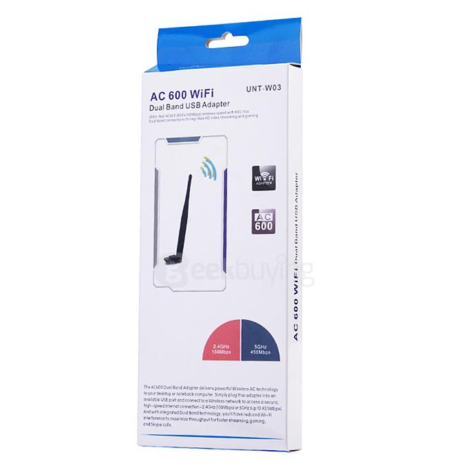 AC600 UNT-W03 2.4G/5G Wireless Dual Bands Mini USB Adapter Network WiFi Dongle with Antenna for Windows - Black