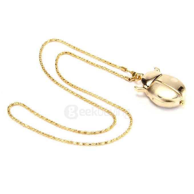 Fashion Qute Beetle Watch Key Chain Necklace Pocket Pendant Quartz Watch for Children Girls - Golden