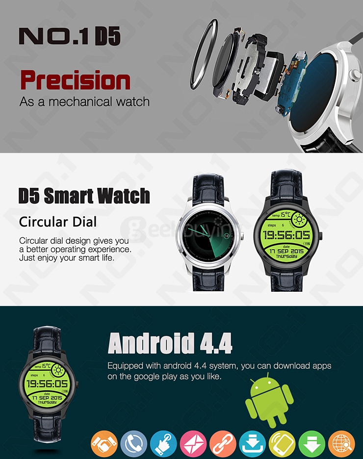 NO.1 D5 Android 4.4 Smart Watch MTK6572 Bluetooth WiFi Connection Heart Rate Monitor Pedometer Google Play GPS For Android iOS - Black
