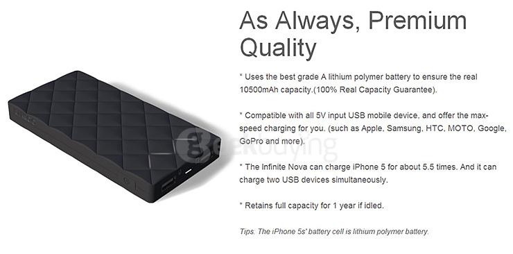 Kinkoo® Infinite Nova 10500mAh Multi-Output Power Bank External Battery for iPhone/iPad/Samsung/Mobile Devices - Black