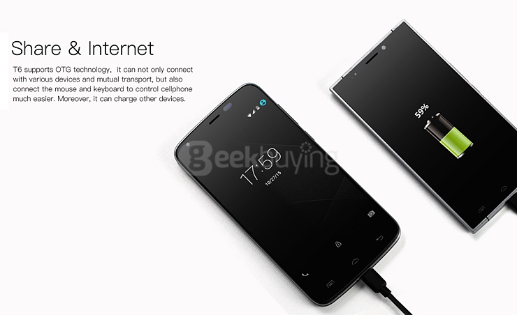 DOOGEE T6 5.5inch IPS HD 4G LTE 6250mAh Android 5.1 Smartphone 64-Bit MT6735 Quad Core 2GB 16GB 13.0MP - Black