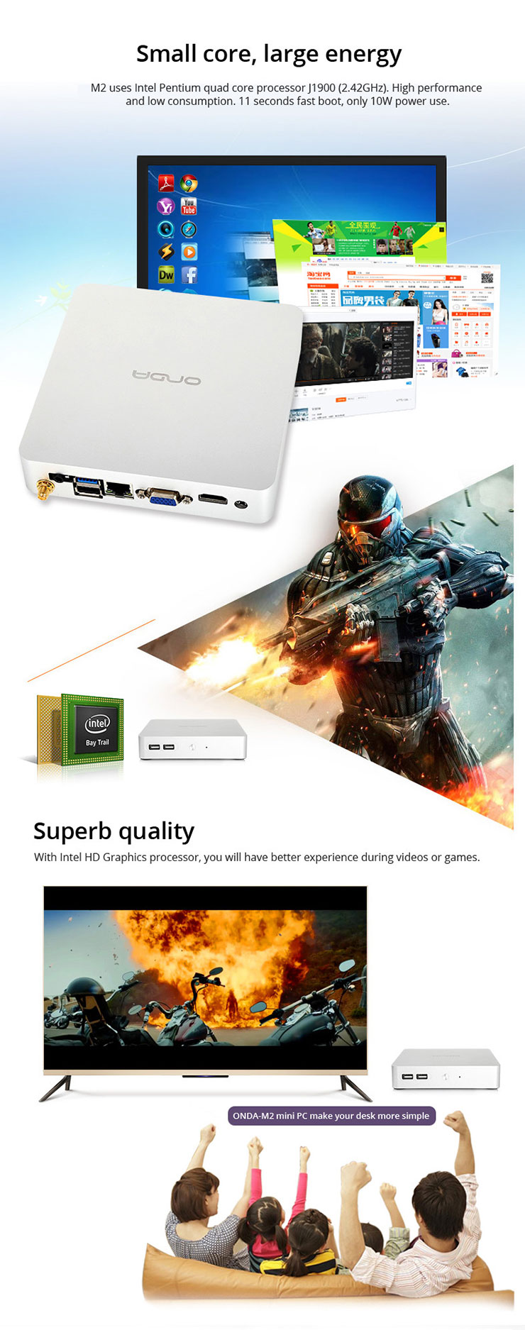 Onda M2 Mini PC Intel Pentium J1900 Quad Core 4GB DDR3 128GB SSD Hard Drive Supports Windows 10 Windows 8.1