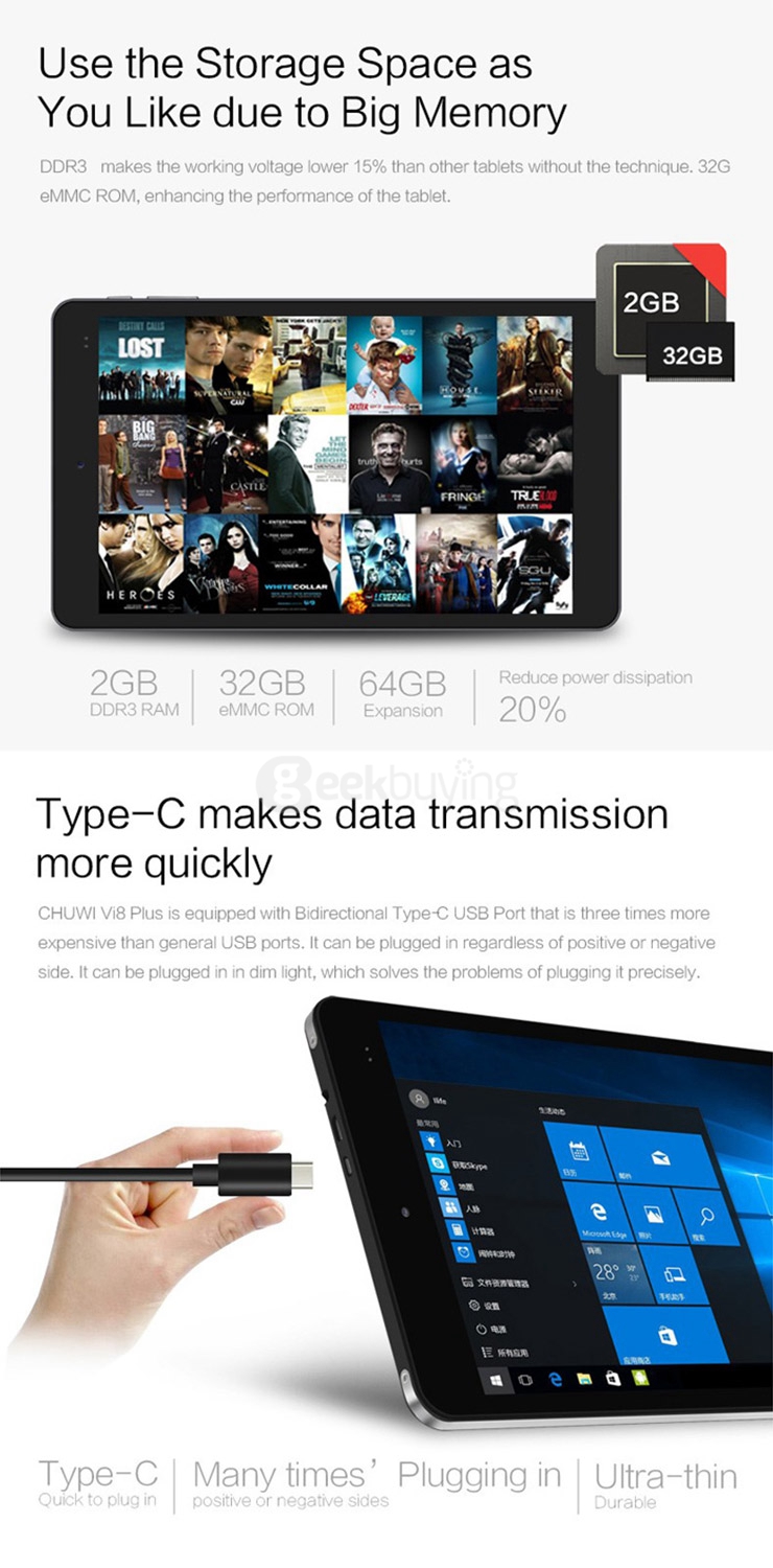 CHUWI Vi8 Plus Windows10 2GB/32GB 8 Inch Tablet PC Intel Cherry Trail Z8300 Quad Core 1.84GHz IPS 1280*800 HDMI Type-C - Black