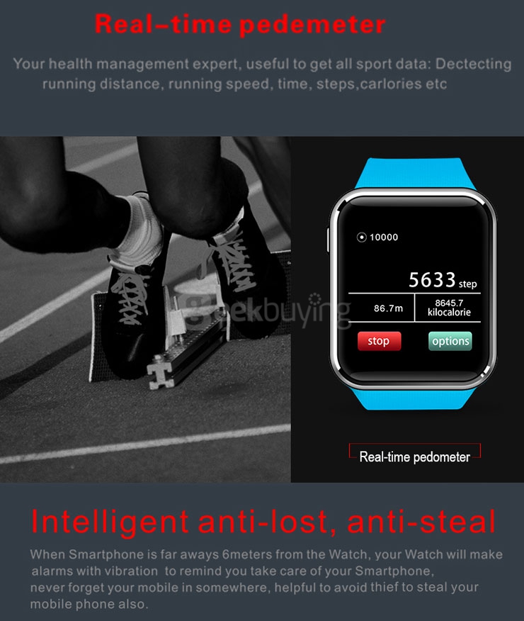 K68 Bluetooth 4.0 Smart Watch MTK2502 with Heart Rate Monitor Sleep Fitness Tracker Anti-Lost Compass Remote Control for Android iOS - Blue