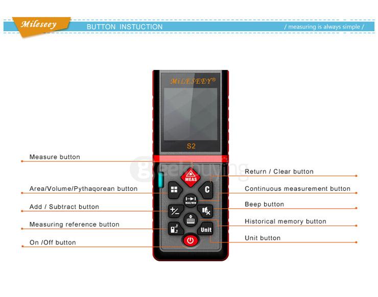 Mileseey S2 100m Handheld Rangefinder Laser Distance Meter Digital Laser Range Finder