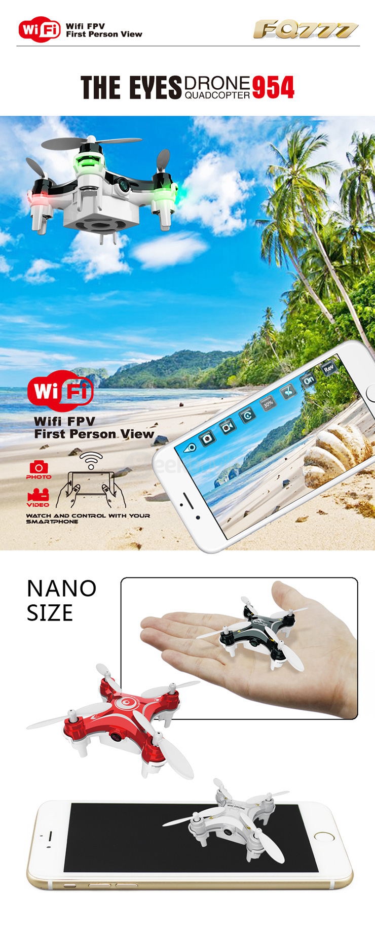 FQ777- 954 WIFI FPV 0.3MP Camera 4CH 6Axis APP Control MINI Quadcopter RTF- White