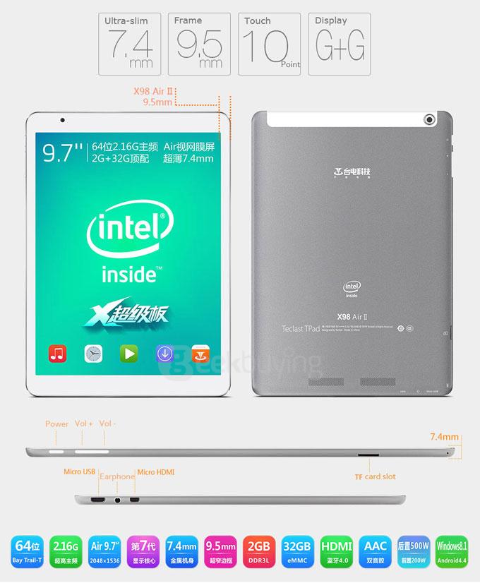 Teclast X98 Air II Android 4.4 9.7 Inch 2GB/32GB Tablet PC Intel Z3736F Quad Core 2.16GHz IPS 2048*1536 HDMI - White