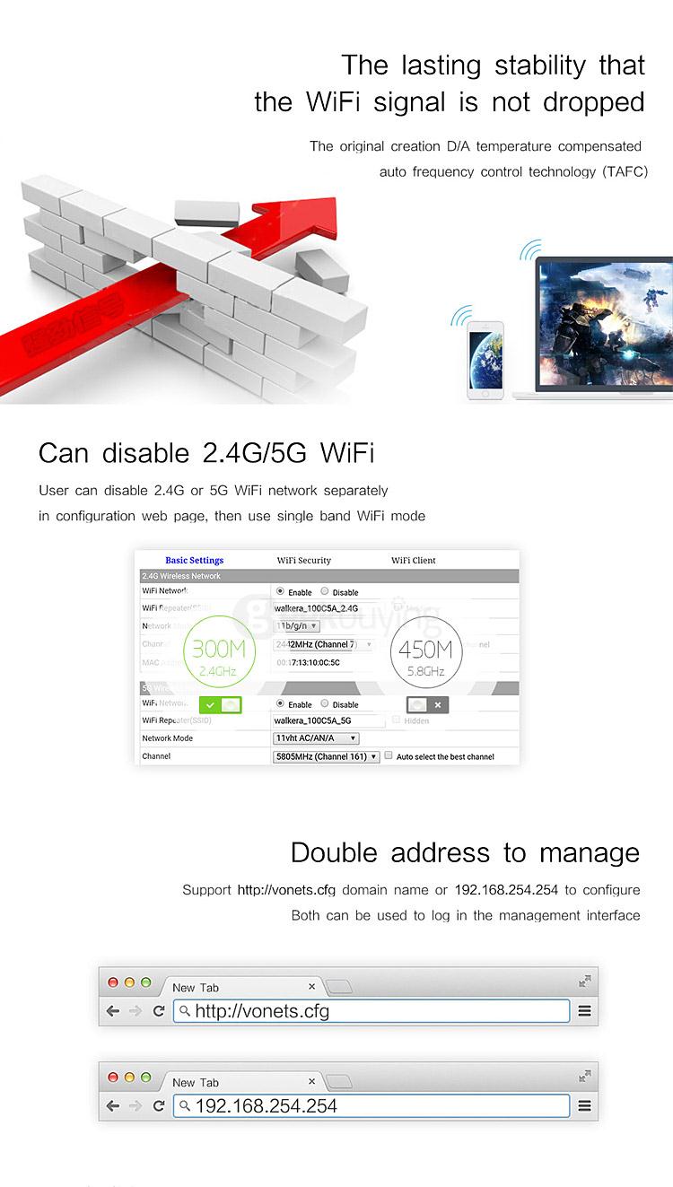 Vonets VRP5G WiFi Signal Amplifier 750Mbps 2.4GHz/5GHz Dual Band 802.11AC Repeater - EU PLUG