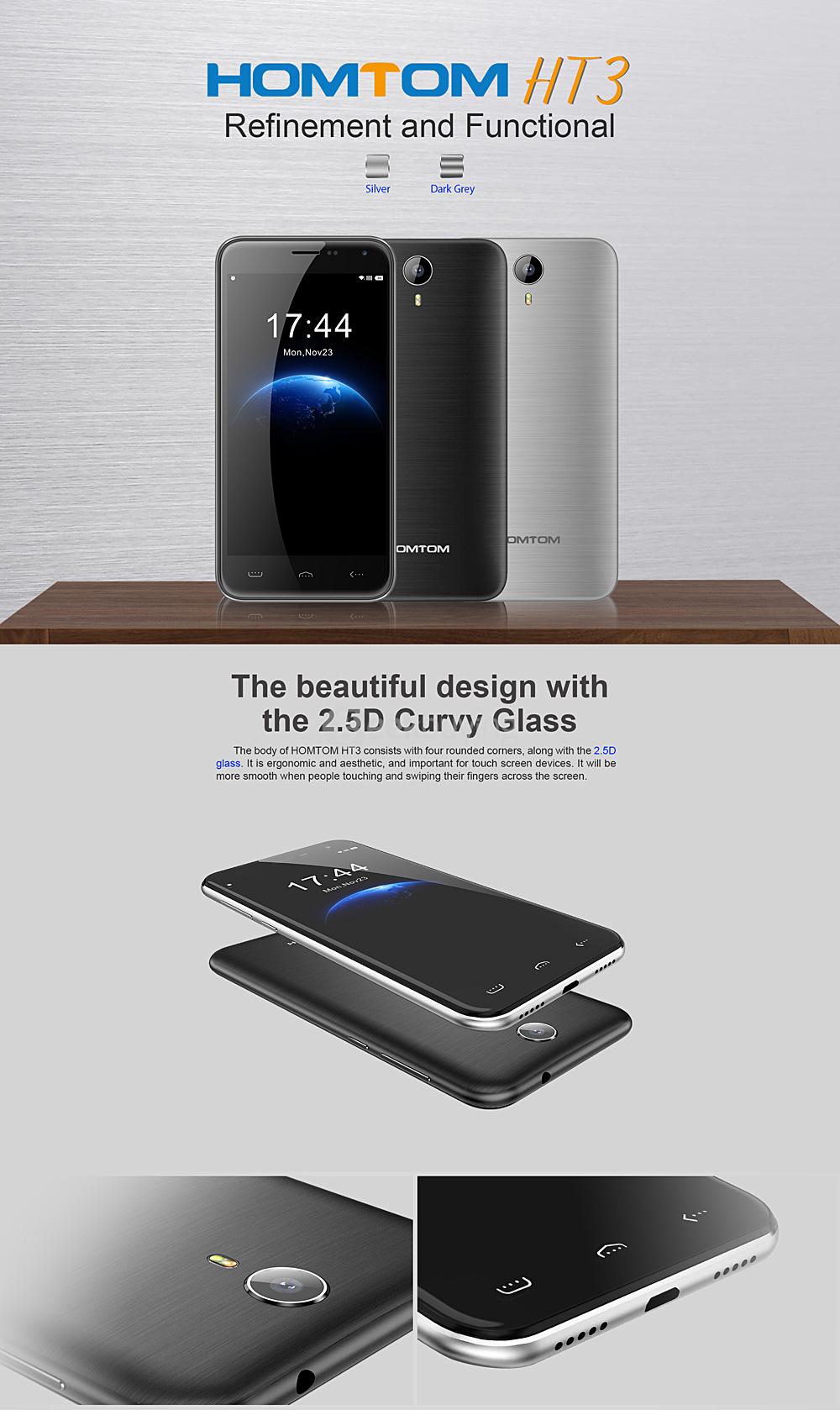 HOMTOM HT3 5.0inch 2.5D Arc Edge HD Screen Smartphone Android 5.1 1GB RAM 8GB ROM MT6580A Quad Core 3000mAh - Gray