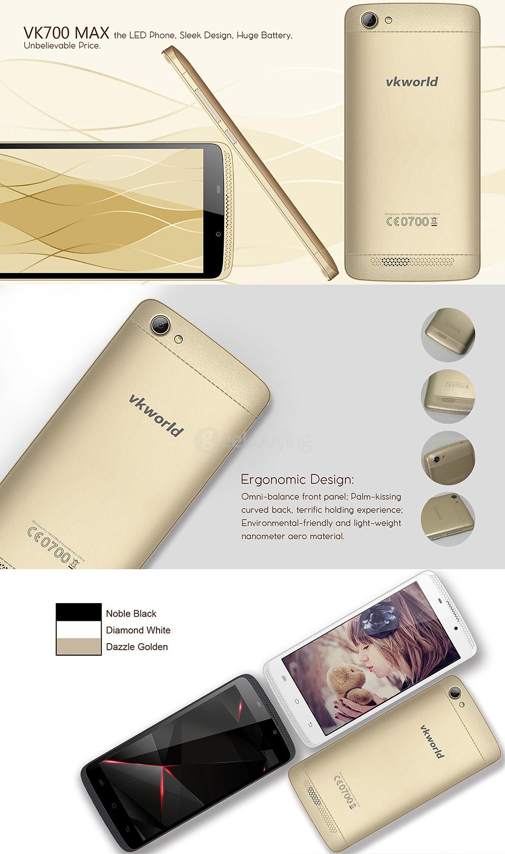VKWORLD VK700 MAX 5.0inch IPS HD Screen Android 5.1 3G Smartphone MTK6580A 1.5GHz Quad Core 8.0MP+5.0MP Cameras - White