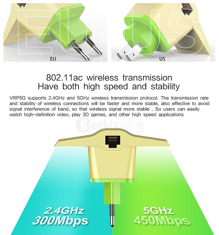 Vonets VRP5G WiFi Signal Amplifier 750Mbps 2.4GHz/5GHz Dual Band 802.11AC Repeater - EU PLUG