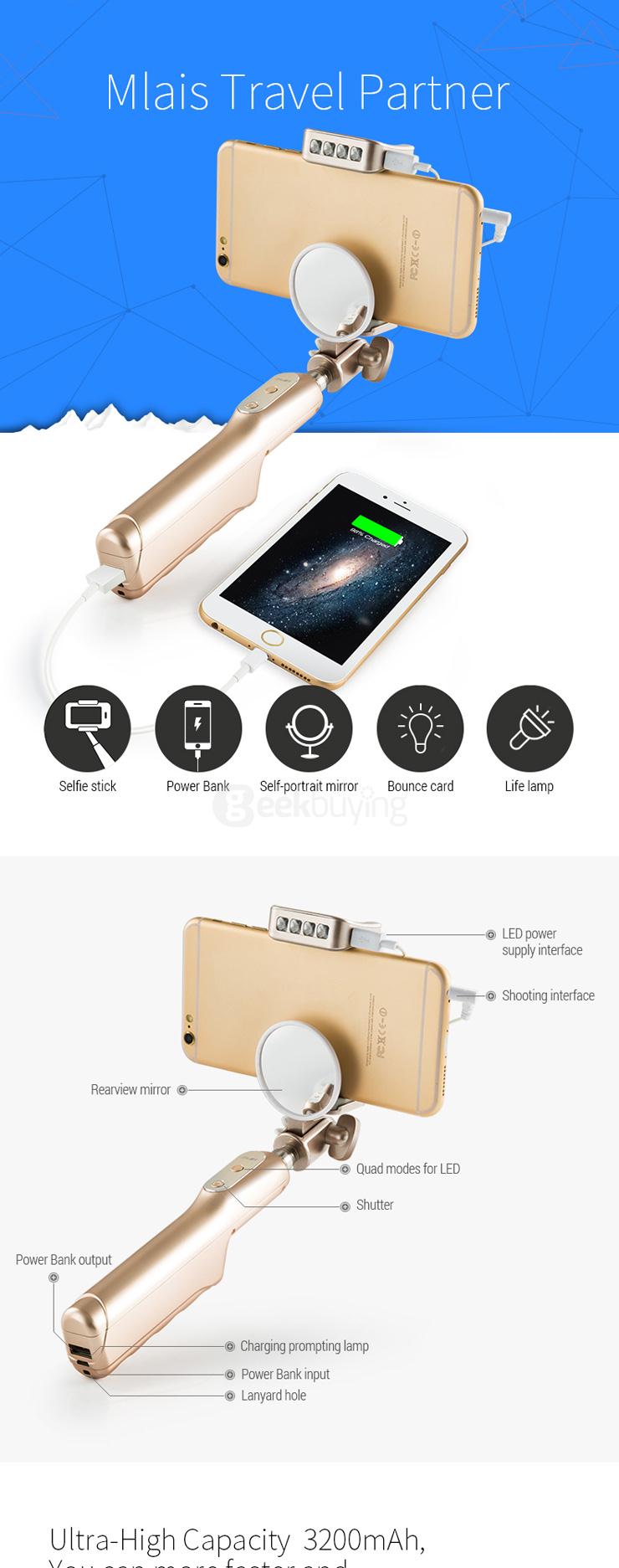 Mlais Travel Wire Control Selfie Stick Self Timer Monopod 3200mAh Power Bank