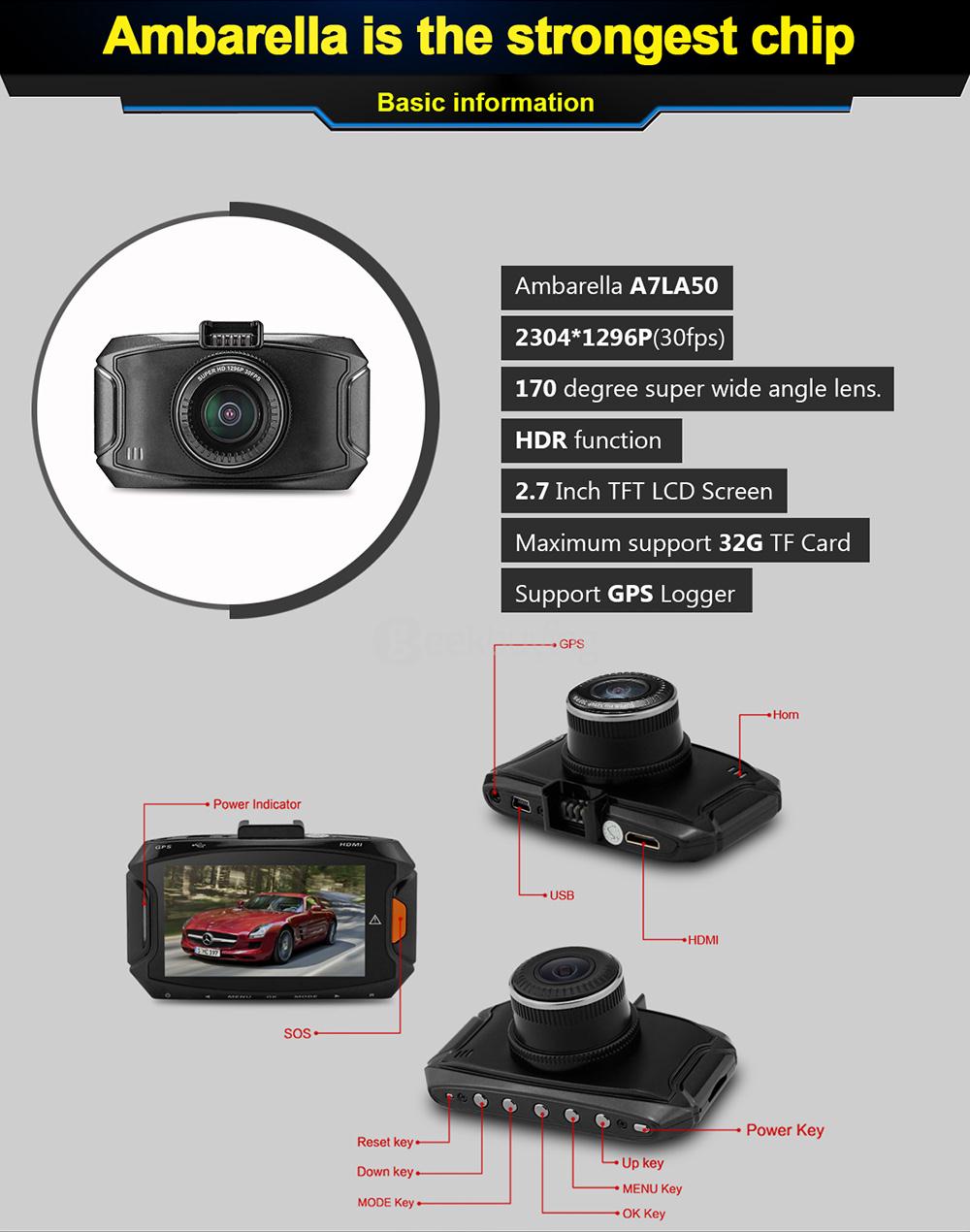 GS90A 2.7inch LCD Ambarella A7LA50 5.0MP Full HD 1080P 170 Degree Wide-angle Lens Car DVR Dashcam HDR G-Sensor GPS