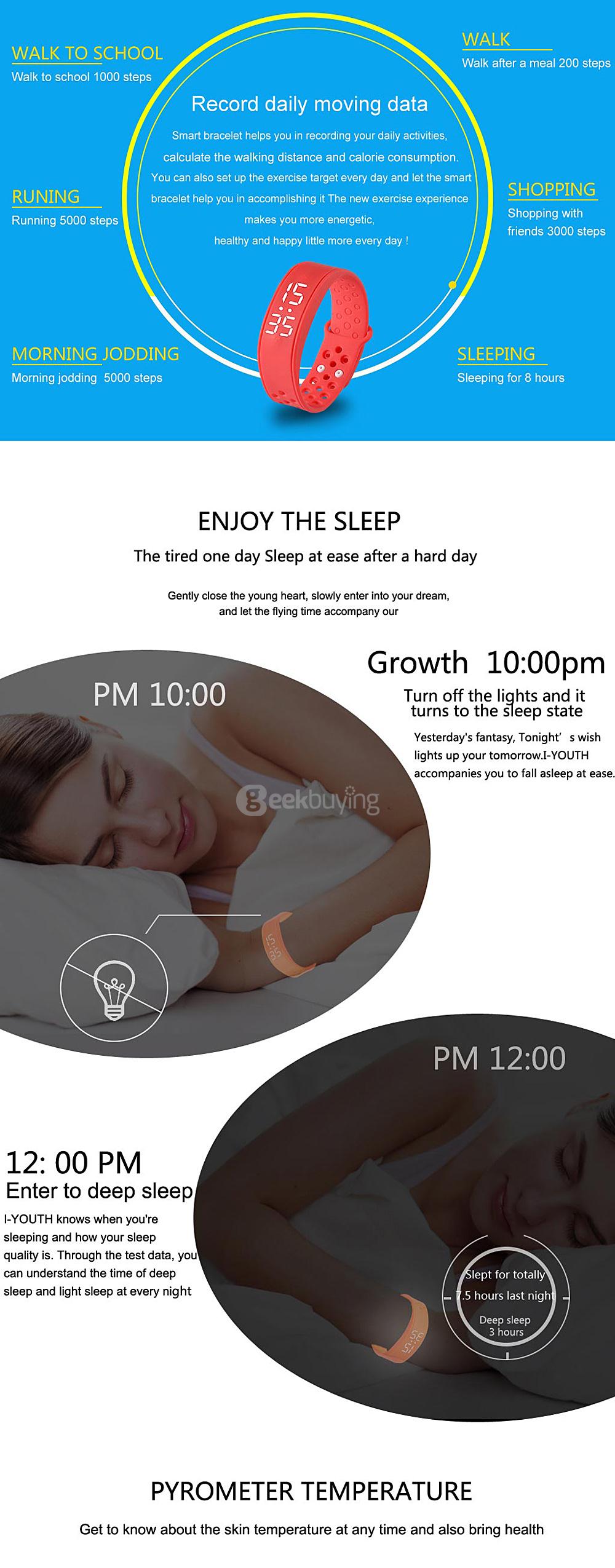 W6 Sports Smartband Time Temperature Dispaly Fitness Tracker Pedometer Sleep Monitor TPU Smart Bracelet for Windows - Black