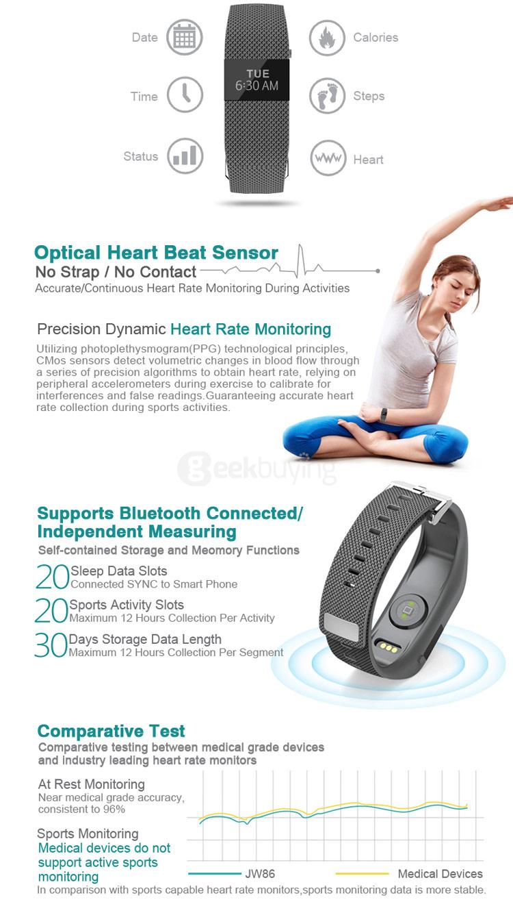 JW86 Bluetooth 4.0 Smart Bracelet Heart Rate Smartband IP65 Fitness Tracker Pedometer Sleep Monitor Call Reminder Alarm Clock - Black
